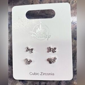 Disney Cubic Zirconia Stud Earrings Set | Mickey & Bow | Brand New